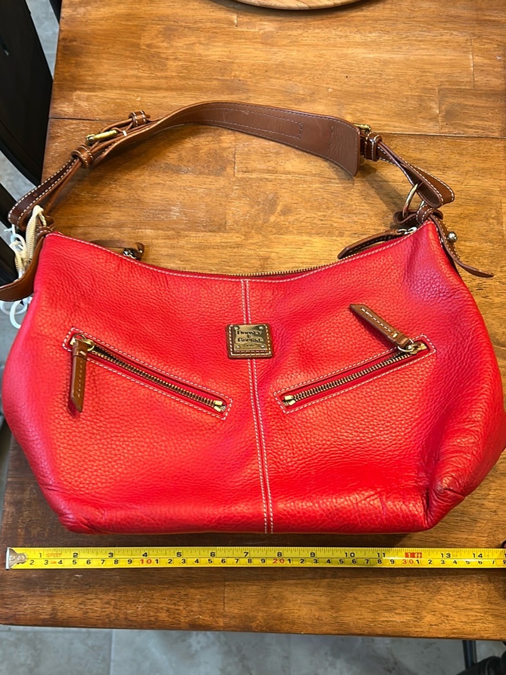 Dooney & Bourke Red Pebbled Leather Shoulder Hobo with Brown Strap